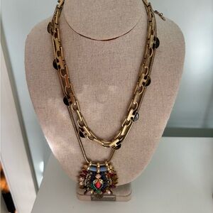 Stella & Dot Gold-Tone Layered Necklace with Multicolor Gem Pendant